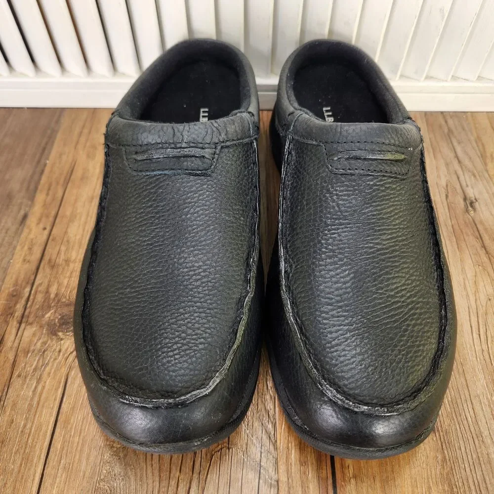 LL Bean Comfort Mules Mens Sz 10 Wide Black Pebbled Leather Slip On Fleece Lined